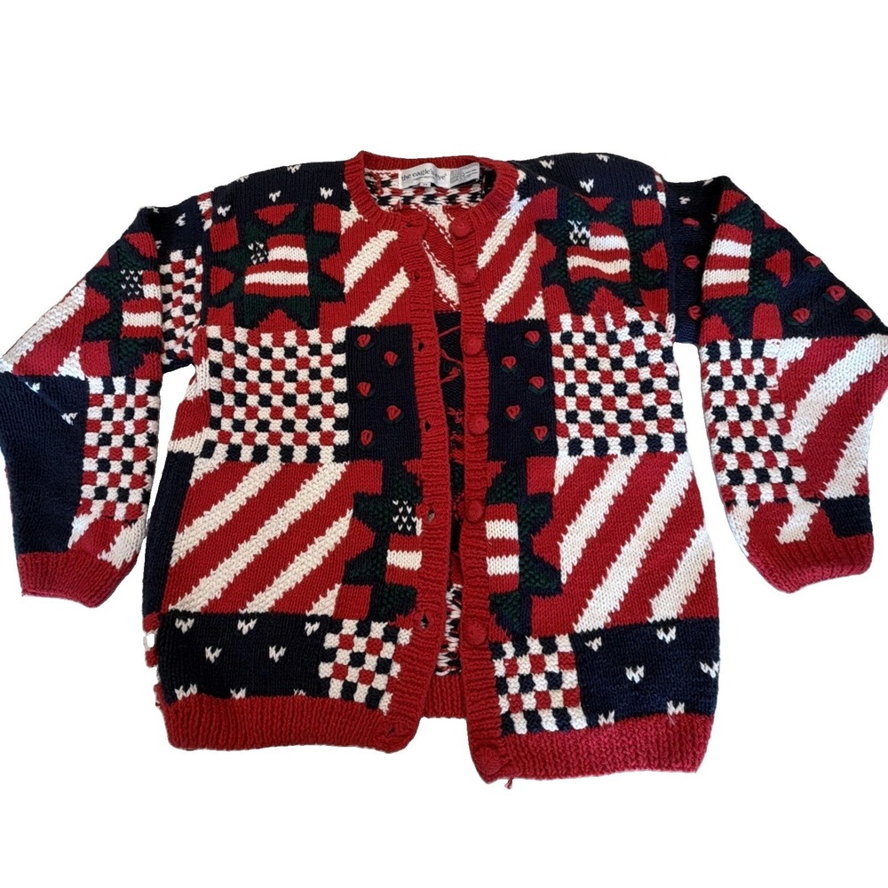 Vintage Patriotic red and blue knit cardigan eagle's eye Sz Medium